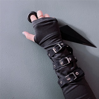 Dark Women Gothic Adjustable Eyelet Ribbon Buckle Cargo Gloves Elbow Fingerless Cool Glove Lady Punk Black Ninja Mittens 2021