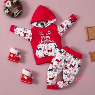 Kidsw-baby 2 piezas de trajes de navidad, Casual de manga larga letra ciervo impresión sudadera con capucha y pantalones conjunto