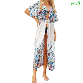 Hol Mulheres Maxi Longo bikini cobertor Up Boho Floral Impressão De Manga Curta Solto Kimono cárdigan frontal protector Solar Vestido De Praia