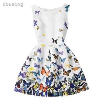 niñas de dibujos animados mariposa impresión vestido de una línea de ropa de vestir niños (6-12 años)