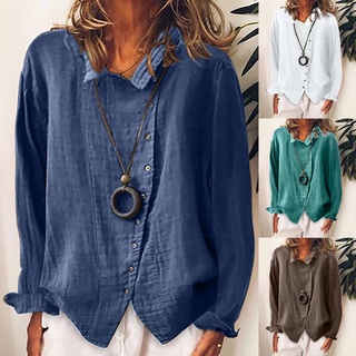 Kobreat_fashion mujeres algodón lino Casual sólido botones manga larga camiseta blusa blusas