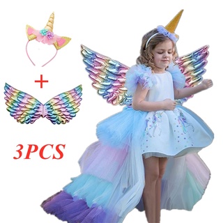 Vestido De unicornio De Princesa De arcoíris para niñas/niñas/Vestido De fiesta De cumpleaños De halloween Cosplay+diadema+alas 3 pzas