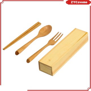 Juego de 3 palillos de madera, cuchara, tenedor, vajilla con caja nueva para Picnic