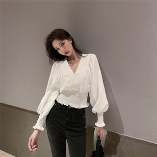 Otoño V-cuello ins diseño sentido cruz cintura suelta camisa corta 2020 nuevo estilo coreano de manga larga top mujeres tendencia s (9)