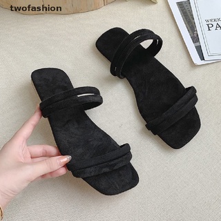 [twofashion] zapatilla de las mujeres del dedo del pie cuadrado verano playa diapositivas chanclas casual zapatos planos [twofashion]