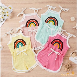 Pft7-Kids - pijama sin mangas para niñas, diseño de arco iris, sin mangas, de una pieza, azul, rosado, amarillo/ rosa