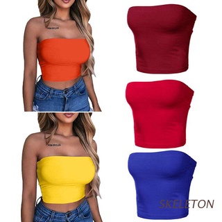 SKELETON Womens Summer Bodycon Elastic Crop Tube Top Sexy Strapless Off Shoulder Bandeau Bright Solid Color Wrapped Chest Basic Bralette