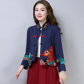 Vintage bordado otoño invierno delgado abrigo estilo de manga larga más el tamaño de la blusa de las mujeres Casual suelto Tangzhuang ropa (3)