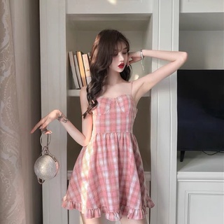 French Style Retro Kikyo First Love Small Design Sense Niche Outdoor Pink Suspender Plaid Dress for Women Summer【7Shipped Within Days】