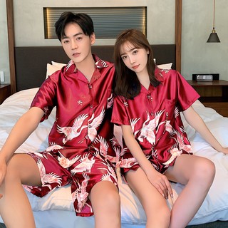 Rojo grúa más el tamaño de satén pijamas pareja pijamas de seda pijama de las mujeres ropa de dormir Baju Tidur pareja de (1)