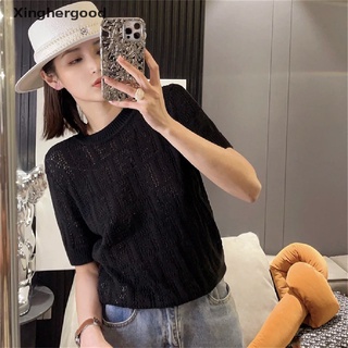 Xinghergood Hollow Out Women Solid Color Top Women Blouse Short Sleeve For Women Knitted Tops XHG