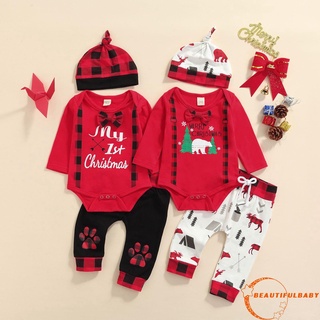 B: ropa de bebé de tres piezas con estampado navideño de manga larga y pantalones con sombrero