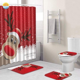 Merry Christmas - juego de cortinas de ducha (4 piezas, cortina de ducha de navidad, alfombras de baño antideslizantes, tapa de inodoro, alfombrilla de baño con 6 ganchos, JP1)