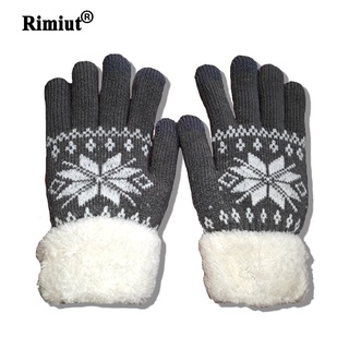 rimiut grueso cachemira de dos capas guantes de invierno para las mujeres copo de nieve de punto patrón de dedo completo esquí y pantalla táctil guante (1)