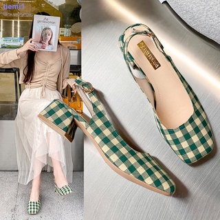 Ins zapatos De tacón cuadrado con rejilla Verde retro para mujer 2021/Primavera/verano