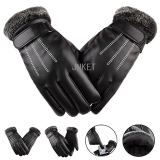 jnket moda invierno hombres cuero pu guantes de cuero táctil guantes a prueba de viento caliente forro de conducción ciclismo guantes correa ajustable (1)