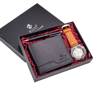 [nuevo] jesou collection hombres set de regalo creativo reloj+cartera+bolígrafo casual estilo de negocios combinación conjunto para novio (2)