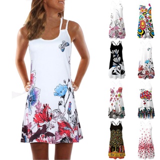 Nueva moda mujer verano Vintage playa sin mangas 3D estampado Floral Boho tanque corto Mini vestido