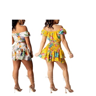 ★Fr☌Conjunto de ropa Sexy de dos piezas para mujer, manga corta, cuello en V profundo, Tops cortos y falda de cintura alta, blanco/amarillo (3)