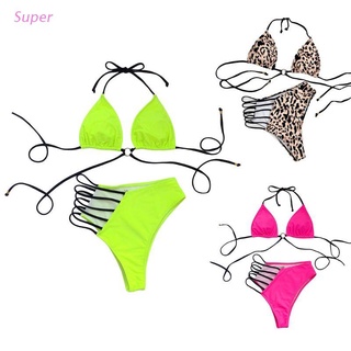 Super mujeres Sexy Bikini fluorescente leopardo hueco traje de baño cruz vendaje ropa de playa