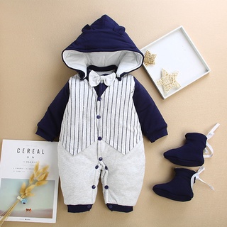 Newborn Infant Baby Boy Hooded Warm Striped Coat Outwear Jumpsuit Shoes Outfits