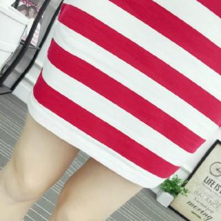 Las mujeres vestido de rayas de verano de manga corta cuello de palabra Off-hombro largo delgado adelgazar Sloping camiseta superior (punto) (8)