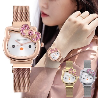 Relojes para mujer Reloj de pulsera con imán de gato KITTY de dibujos animados con cinturón de malla de acero inoxidable en oro rosa