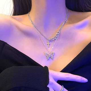 J&L 2 unids/Set delicado collar joyería encanto aleación plata doble capas mariposa cruz cadena collares conjunto para mujeres
