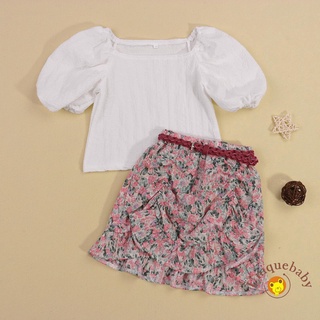 Unigirls conjunto de ropa, Color sólido manga corta cuello cuadrado Tops + falda de impresión Floral con cintura (5)