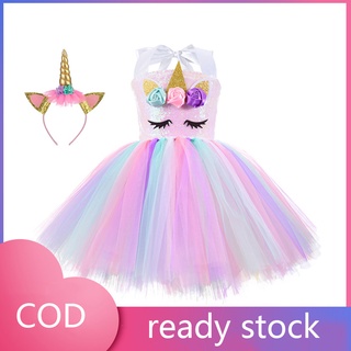 3pcs niñas unicornio princesa vestido conjunto de niños arco iris tutú vestidos de fiesta vestir con diadema alas halloween cosplay disfraz de cumpleaños 034