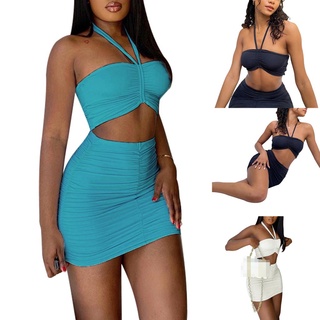◑Ci✮Conjunto de ropa Sexy de dos piezas para mujer, Color sólido, cuello Halter, Crop Tops y minifalda, negro/blanco/azul