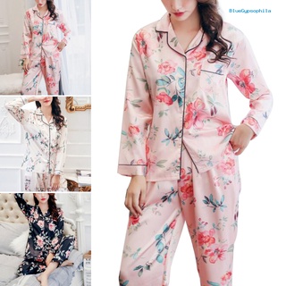 bluegypsophila 2pcs mujeres estampado floral manga larga top pantalones imitación seda ropa de dormir pijama conjunto
