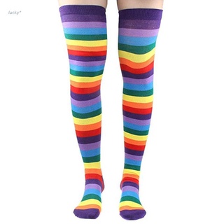 lucky* mujeres arco iris colorido rayas muslo calcetines altos calentadores de brazo conjunto de punto sobre la rodilla medias sin dedos guantes largos manoplas accesorios de fiesta