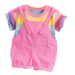 Pinkmans niño bebé niño niños arco iris rayas Tops camiseta correas pantalones trajes conjunto (3)