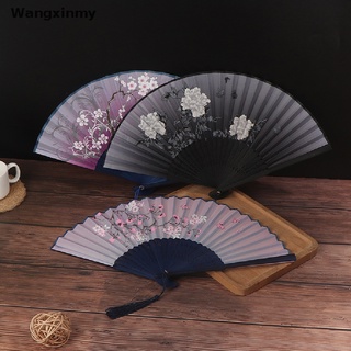 [wangxinmy] ventilador plegable de tela de seda chino de bambú antigüedad plegable ventilador de pintura ventilador de mano venta caliente