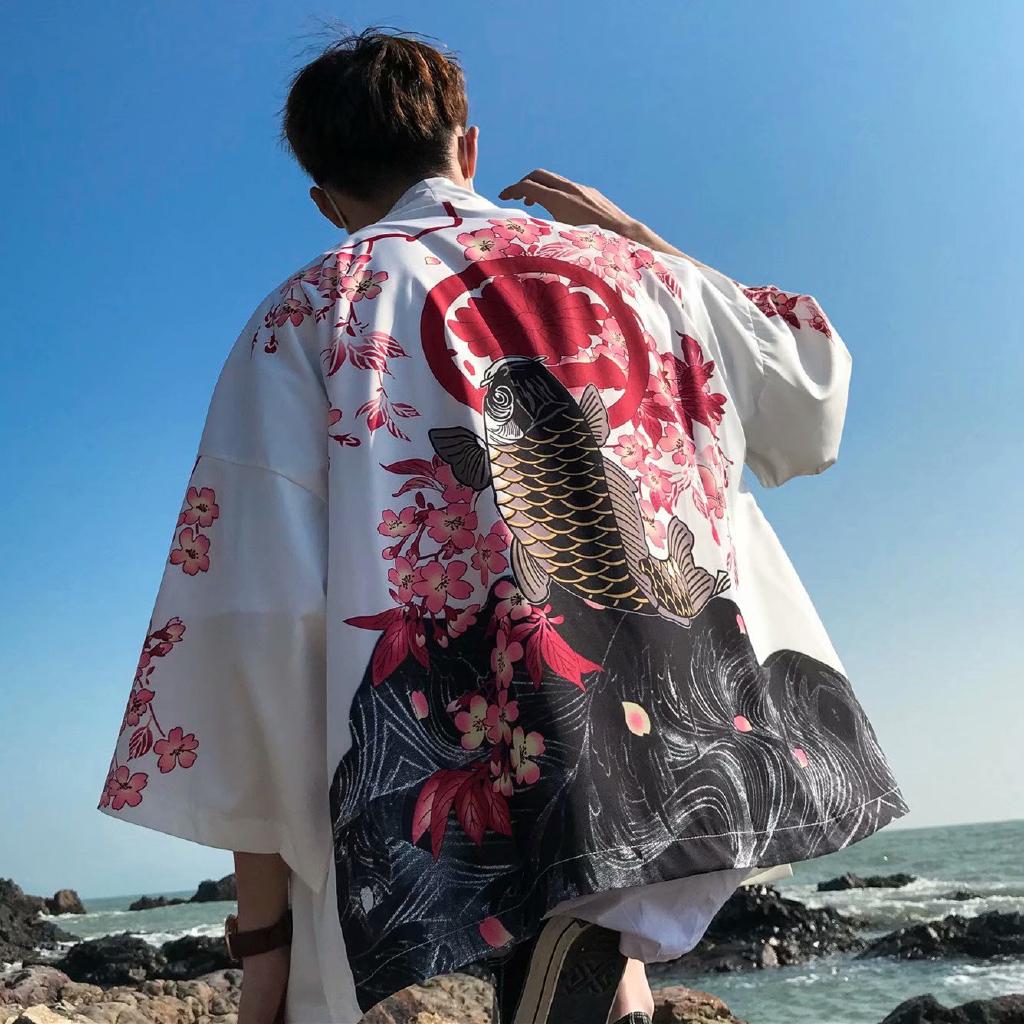 Camisa Para Los Hombres botton Nuevo Hombre De Secado Rápido Casual Camiseta De Moda Tendencia Camisas Cortas 3/4 Manga Chico Suelto Carpa Japonesa kimono Túnica