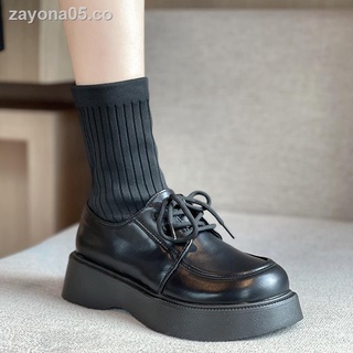 ❆Botas de calcetines de suela gruesa para mujer primavera y otoño 2021 nuevas botas Martin negras de punta redonda y tacón grueso con cordones estilo británico