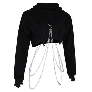 mujer manga larga suelta crop top moda jersey causal sudaderas negro