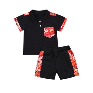 ☽Ir❣2pcs moda niños pequeños traje, verano niños pequeños creativo patrón de onda mar manga corta camiseta de solapa +