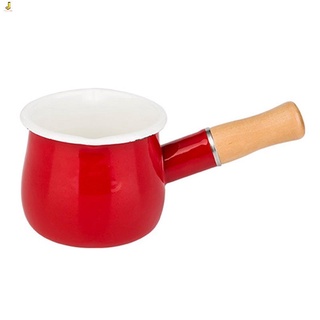[New]Enamel Milk Pot with Wooden Handle,Mini Milk&Coffee Non-Stick Saucepan Cookware for Baby Breakfast,500Ml Red (1)
