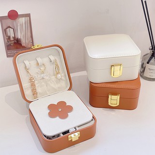 Nuevo producto Stunner girl retro caja de joyería de doble capa de cuero con pendientes de espejo caja de almacenamiento de anillo mini portátil