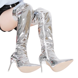 sexy plata espejo muslo mujeres zapato dedo del pie club fiesta zapatos delgados sobre la rodilla botas largas para las mujeres (4)