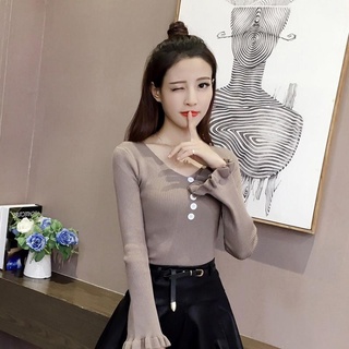 ✨ De moda✨2021Primavera y otoño nuevo estilo coreano ajuste DelgadoVCuello Botón de manga de campana suéter suéter de fondo camisa de moda de las mujeres (2)