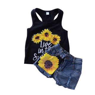 Conjunto de ropa infantil verano moda carta impresión Tops+Sunflower Jeans 2pcs traje