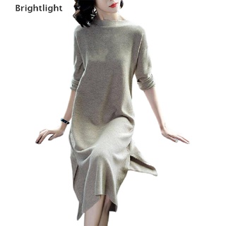 [Brightlight] Mujeres suéter vestido de punto costilla cuello redondo dobladillo abierto suelto fondo vestido (9)
