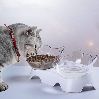 warmharbor Pet Feeding Bowl Spine Protect Single/15° Oblique Double Bowls for Cats Dogs Cute Cat Ears Shaped