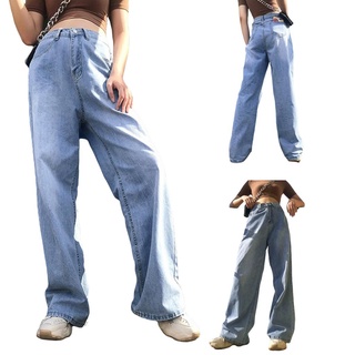 ◐Bo✥Mujer novio ancho pierna Jeans, Casual cintura alta lavado suelto pantalones de mezclilla