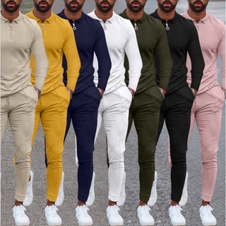 Dos piezas conjuntos nuevos hombres Casual deporte Turn-down cuello Color sólido manga larga camiseta + pantalones chándal