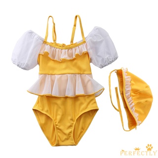 Pft7-Zz - juego de ropa de natación para niñas, dobladillo de encaje, cuello de barco, traje de baño de manga corta y gorra de natación (3)