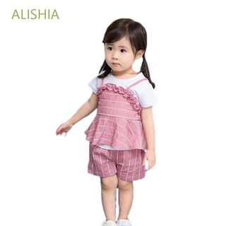 ALISHIA Summer Striped Suit Leisure Ruffles Short Sleeve Three Piece Sets Yellow Fashion Kid Korean Casual Children Sling Shirt/Multicolor